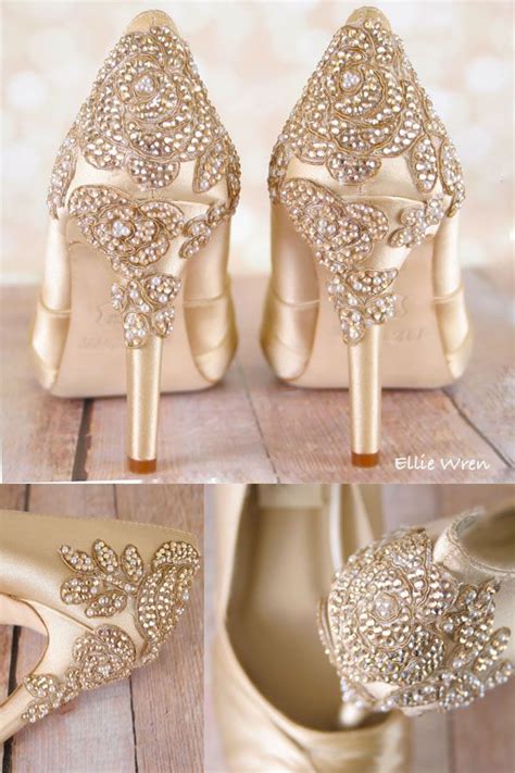 Gold Vintage Inspired Wedding Shoes with Crystal Rose Heel - Ellie Wren ...