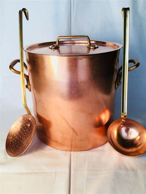 Rare professional very large and high copper cooking pot with tinned ...