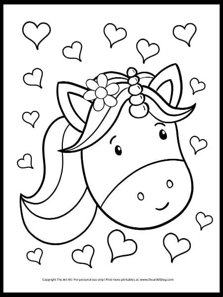 Hearts and Unicorn Coloring Page - The Art Kit