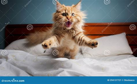 Spontaneous Cat Jumping on Bed Sheets with Exuberant Expression Stock Illustration ...