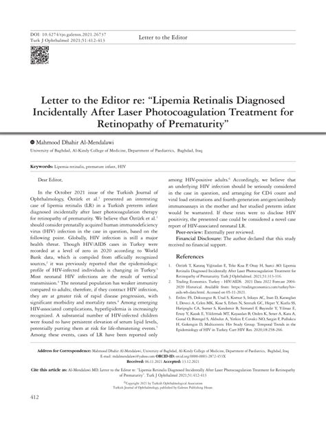 (PDF) Letter to the Editor re: “Lipemia Retinalis Diagnosed Incidentally After Laser ...