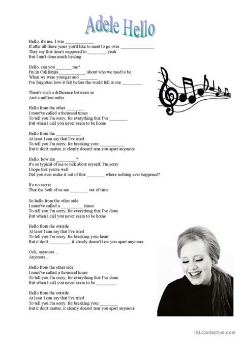 Adele Hello song: English ESL worksheets pdf & doc