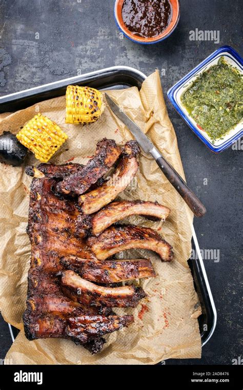 Barbecue spare ribs St Louis cut with hot honey chili marinade and ...