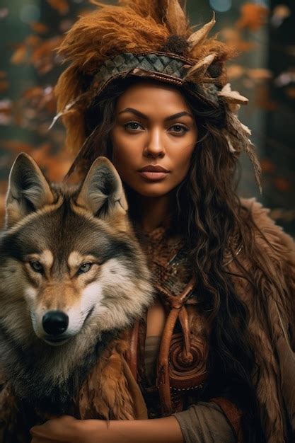 A woman with a wolf on her head | Premium AI-generated image