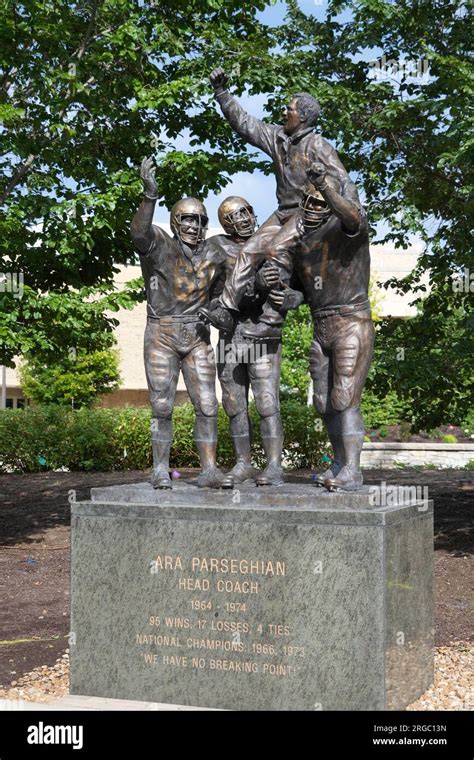 A statue of former Notre Dame Fighting Irish football coach Ara Parseghian (1964-74) at Notre ...