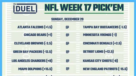 Printable NFL Weekly Pick 'Em Sheets for Week 17