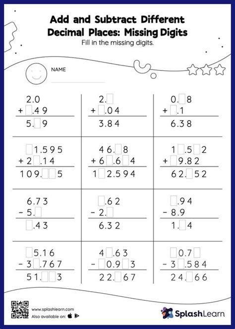 Add and Subtract Different Decimal Places: Missing Digits - Math ...