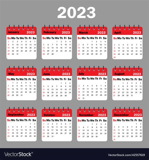 Red calendar 2023 all months of on spiral Vector Image