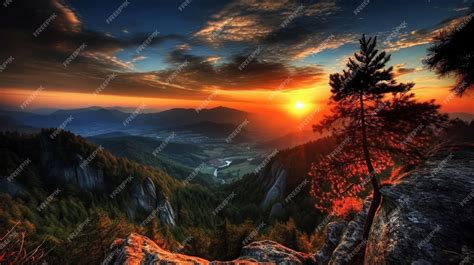 Premium AI Image | A sunset over a mountain with a river in the background