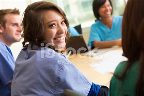 Cute Nursing Student With Friends In Medical School Study Group Stock Photo | Royalty-Free ...