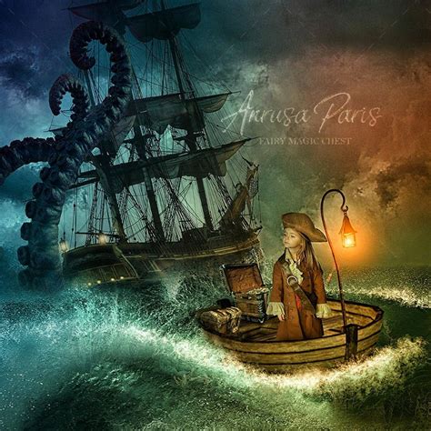 Pirate Digital Background, Pirate Digital Backdrop, Prop With Giant Octopus on the Sea, Boat ...