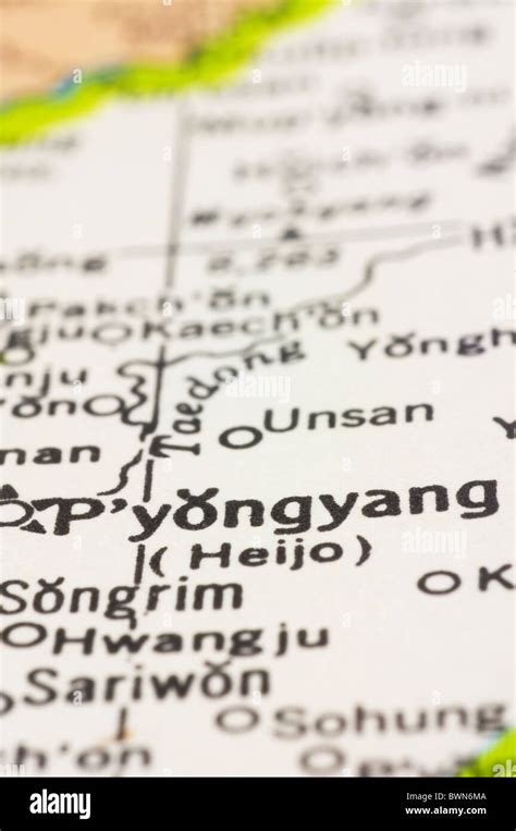 close up of Pyongyang on map, capital city of North Korea Stock Photo ...