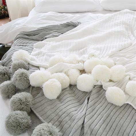 Pom Pom Grey Throw Blanket, Pastel Grey Sofa Throw, Grey Bed Throw ...