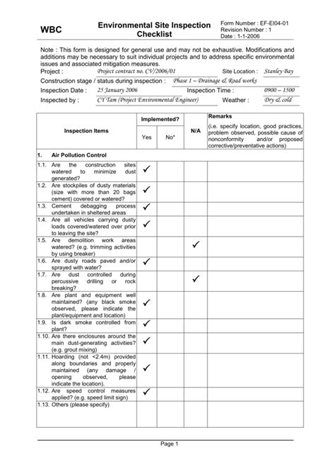 Environmental Site Inspection Checklist