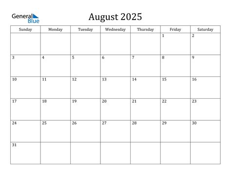 2025 August Calendar