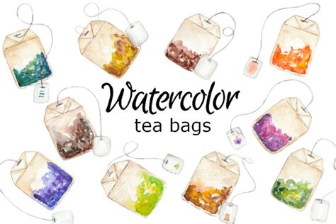 WATERCOLOR CLIPART tea bag pot drink food kitchen recipe