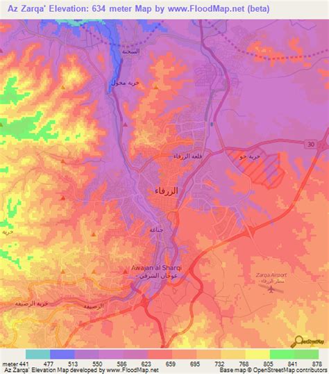 Elevation of Az Zarqa',Jordan Elevation Map, Topography, Contour