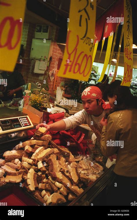 Whale meat on sale at a counter in a food market, Nagasaki, Japan Stock ...