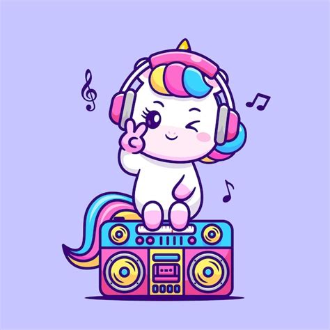 Premium Vector | Cute unicorn listening music on boombox cartoon vector icon illustration ...