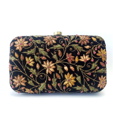 Embroidered floral velvet evening bag with rubies, OOAK statement minaudiere clutch, after five ...