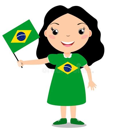 Chilld De Sorriso, Menina, Mantendo Uma Bandeira De Brasil Isolada Nos Vagabundos Brancos ...