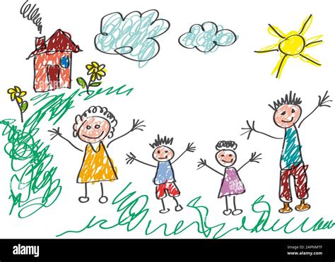 Dibujo vectorial hecho por un niño, familia feliz en el campo Imagen ...