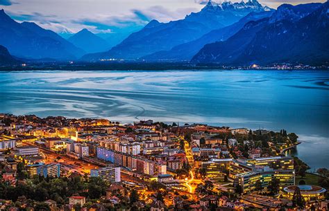 Image Switzerland Vevey on Lake Geneva Mountains Night From above