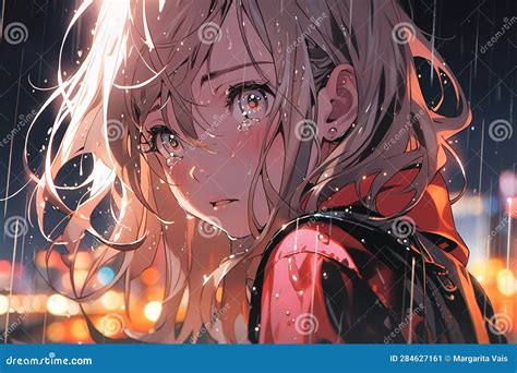 Portrait of a Beautiful Crying Young Woman with Blond Hair in the Rain in the City in Anime ...