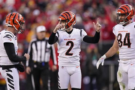 Cincinnati Bengals kicker Evan McPherson (2) celebrates after kicking a 52-yard field goal duri ...