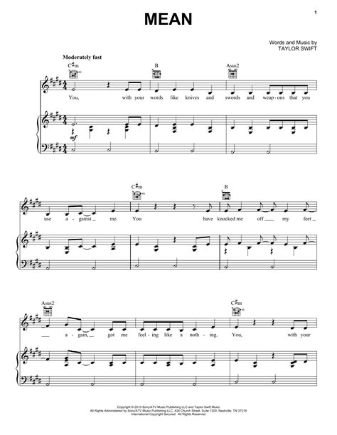 Taylor Swift "Mean" Sheet Music Notes, Chords | Piano Download Pop ...