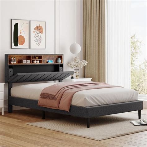 URTR Gray Wood Frame Upholstered Full Size Platform Bed with Storage ...