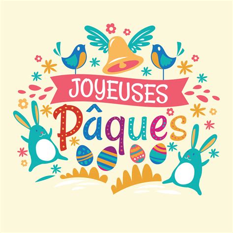 Happy Easter or Joyeuses Pâques Typographical Background With Rabbit ...