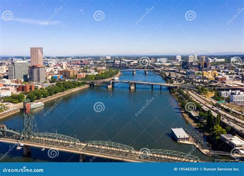 Aerial View of Downtown Portland Oregon with Many Bridges Over River Stock Image - Image of ...