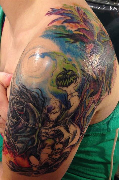 Stunning Headless Horseman Tattoo with Watercolor Crows