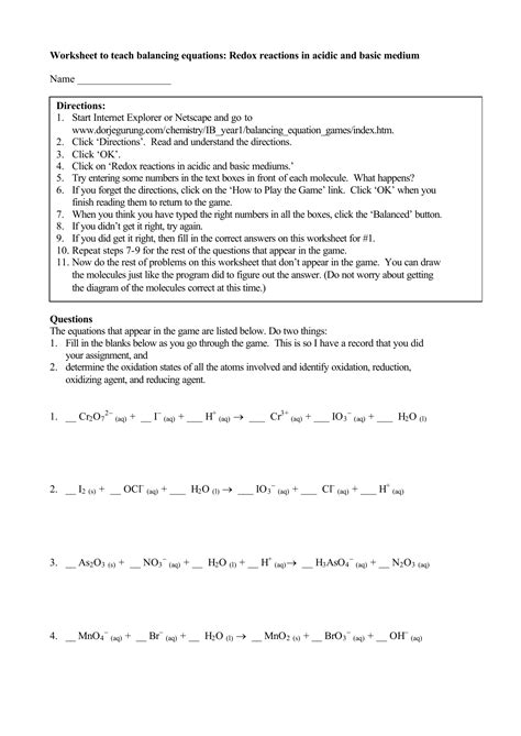 Balancing Redox Reactions Worksheet - Kindergarten Printable Sheet