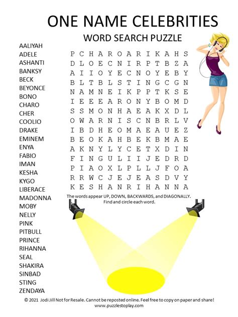 One Name Celebrities Word Search Puzzles - Puzzles to Play