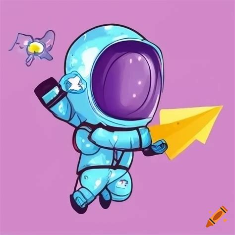 Cute chibi illustration of a purple being in a space suit throwing a paper plane on Craiyon