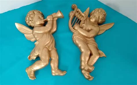 VINTAGE MCM PAIR Syroco Gold Cherub Angel Large Wall Plaques Set Of 2 £ ...