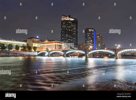 Night Skyline of Grand Rapids, Michigan along the Grand River Stock Photo - Alamy