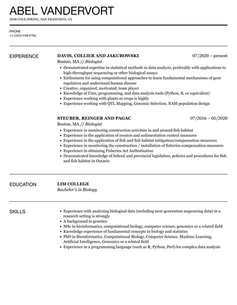 Biologist Resume Sample