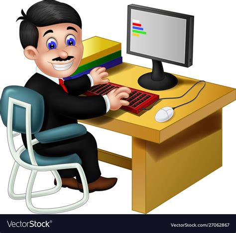 Funny employee man working with computer cartoon Vector Image | Computer cartoon, Cartoon vector ...