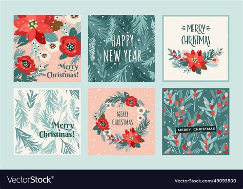 Christmas and happy new year cards with flowers Vector Image