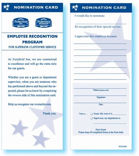 Fairfield Inn employee recognition card,employee recognition cards, employee card,employee cards