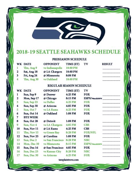 Printable 2018-2019 Seattle Seahawks Schedule