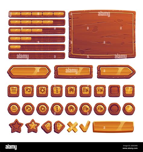 Wooden and gold buttons for ui game, gui elements isolated on white ...