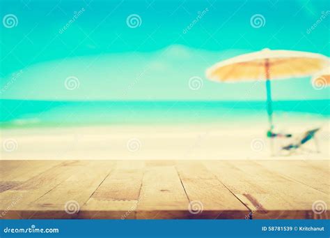 Wood Table Top on Blurred Blue Sea and White Sand Beach Background Stock Image - Image of ...