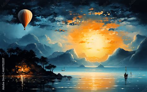 Traditional Fantasy Hot air balloon flying over frozen sea at night - Night blue sky with full ...