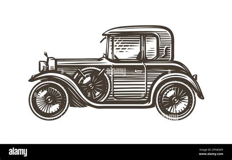 Retro car drawing in sketch style, side view. Vintage transport vector illustration Stock Vector ...