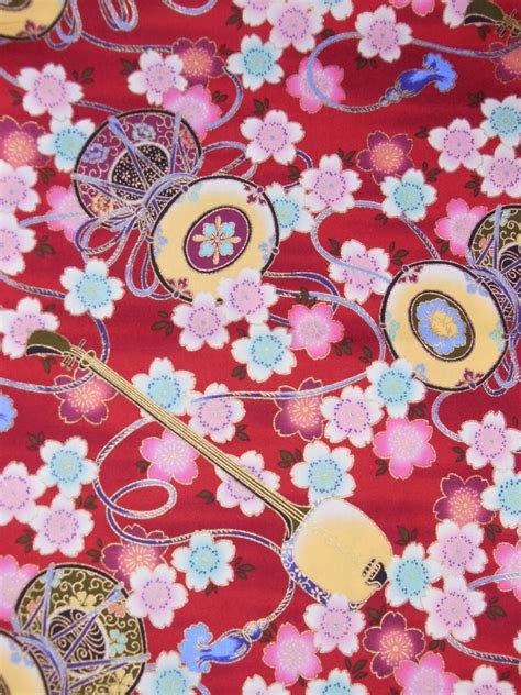 Japanese Kimono Fabric with Gold Metalic OutliningOn Red