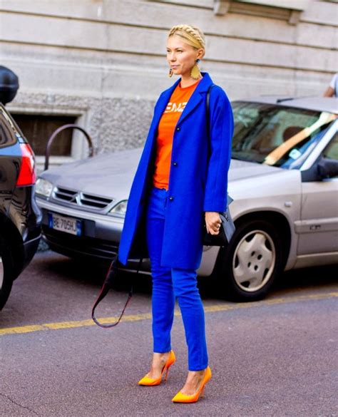 cobalt blue suit with orange top and pumps | Cobalt blue outfit, Cobalt ...